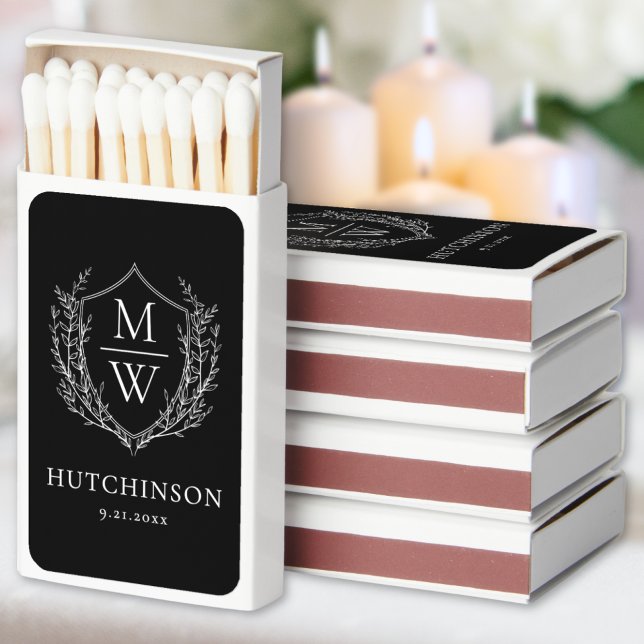 Elegant Black Monogram Wedding Matchboxes (Black White Monogram Wedding Matchboxes)