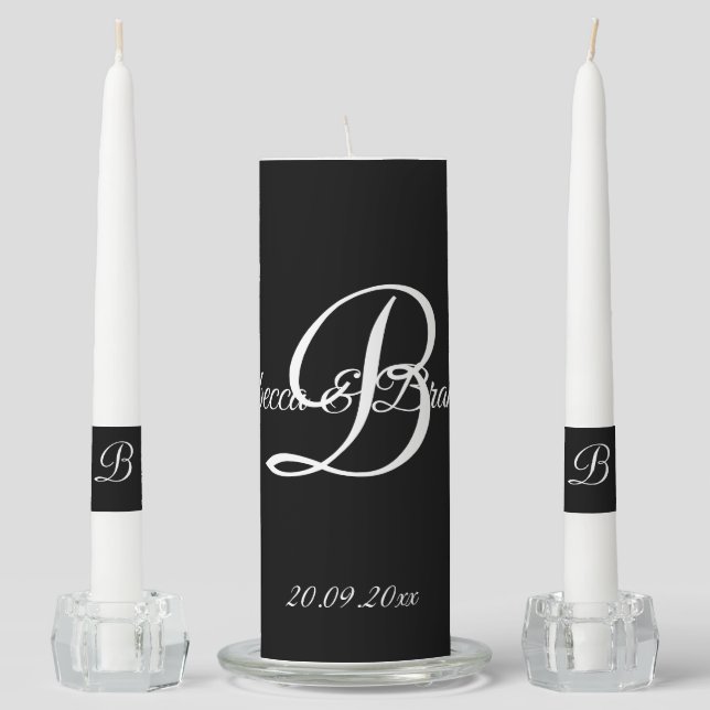 Elegant Black Monogram Wedding Unity Candle Set (Front)