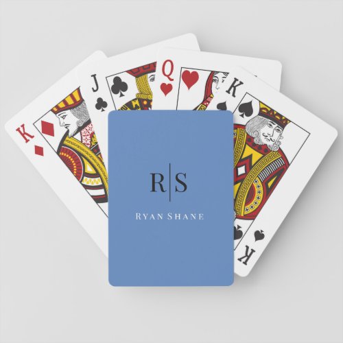 Elegant Black Monogram  White Name Med Blue Poker Cards