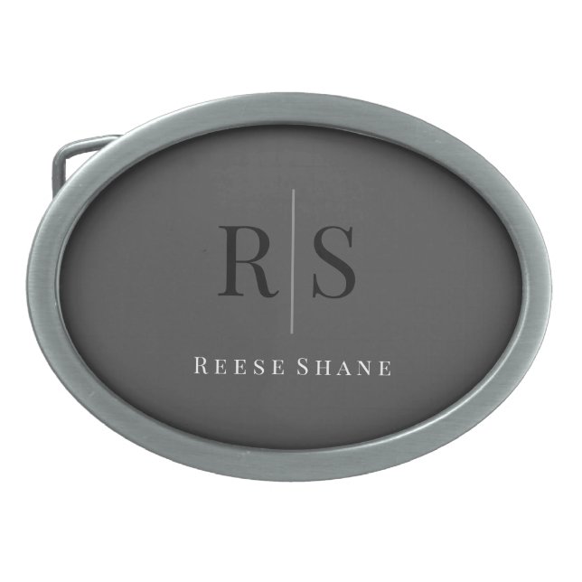 Elegant Black Monogram & White Name on Dark Grey Belt Buckle (Front)