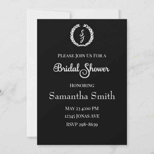 Elegant Black Monogram Wreath Bridal Shower Invitation