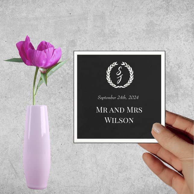 Elegant Black Monogram Wreath Wedding Dinner Napkins (Creator Uploaded)