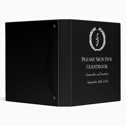 Elegant Black Monogram Wreath Wedding Guest Book 3 Ring Binder