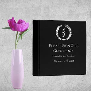 Elegant Black Monogram Wreath Wedding Guest Book 3 Ring Binder