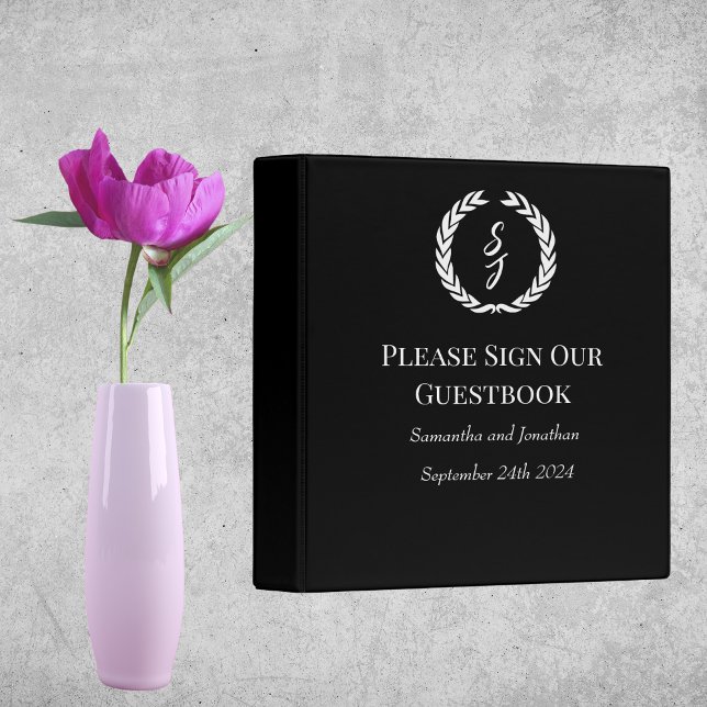 Elegant Black Monogram Wreath Wedding Guest Book 3 Ring Binder (Creator Uploaded)