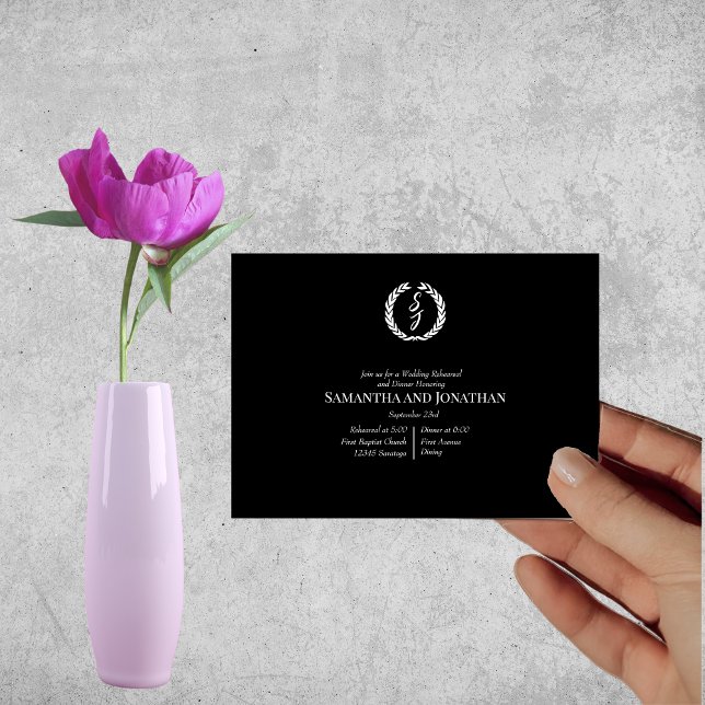 Elegant Black Monogram Wreath Wedding Rehearsal Invitation (Creator Uploaded)