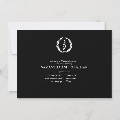Elegant Black Monogram Wreath Wedding Rehearsal Invitation