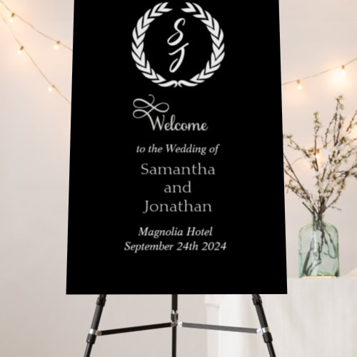 Elegant Black Monogram Wreath Wedding Welcome Sign
