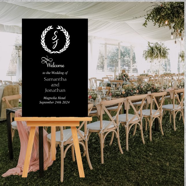 Elegant Black Monogram Wreath Wedding Welcome Sign (Creator Uploaded)