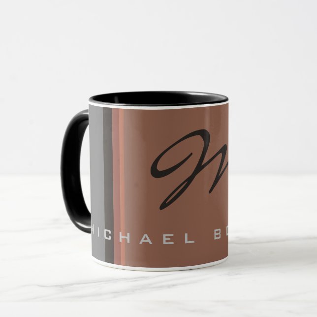 Elegant Black Monogrammed Gray Brown Handwriting Mug (Front Left)