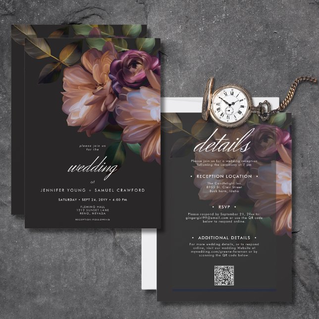 Elegant Black Moody Floral All In One Invitation (Elegant Black Moody Floral All In One Invitation)