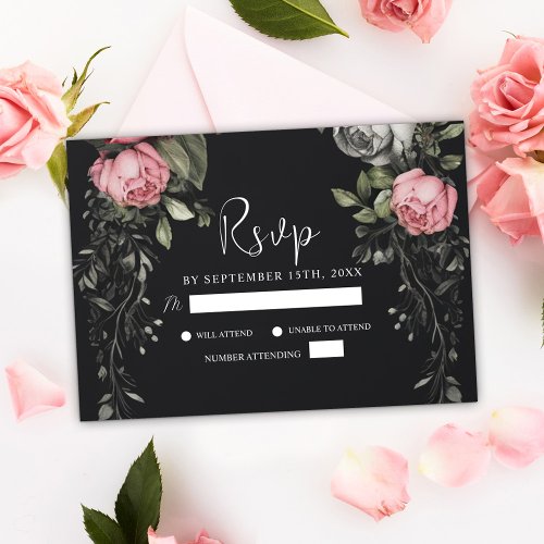 Elegant Black Moody Floral Dark Gothic Wedding RSVP Card