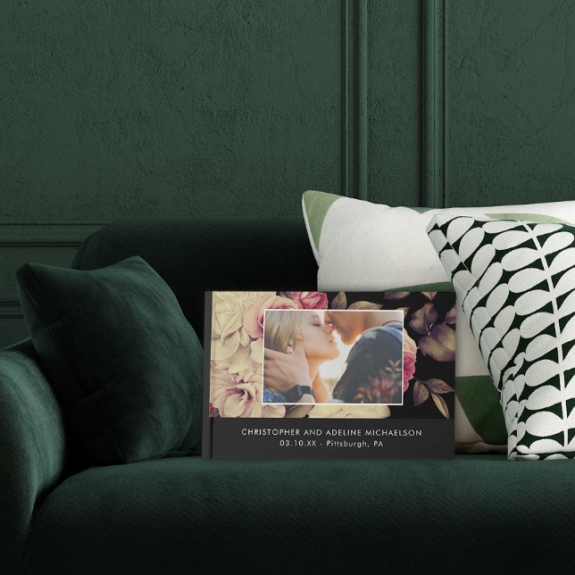 Elegant Black Moody Floral Photo Wedding Guest Book (Gorgeous wedding guestbook features a lush floral print and your photo with details.)