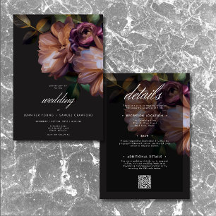 Elegant Black Moody Floral Two Sided Invitation