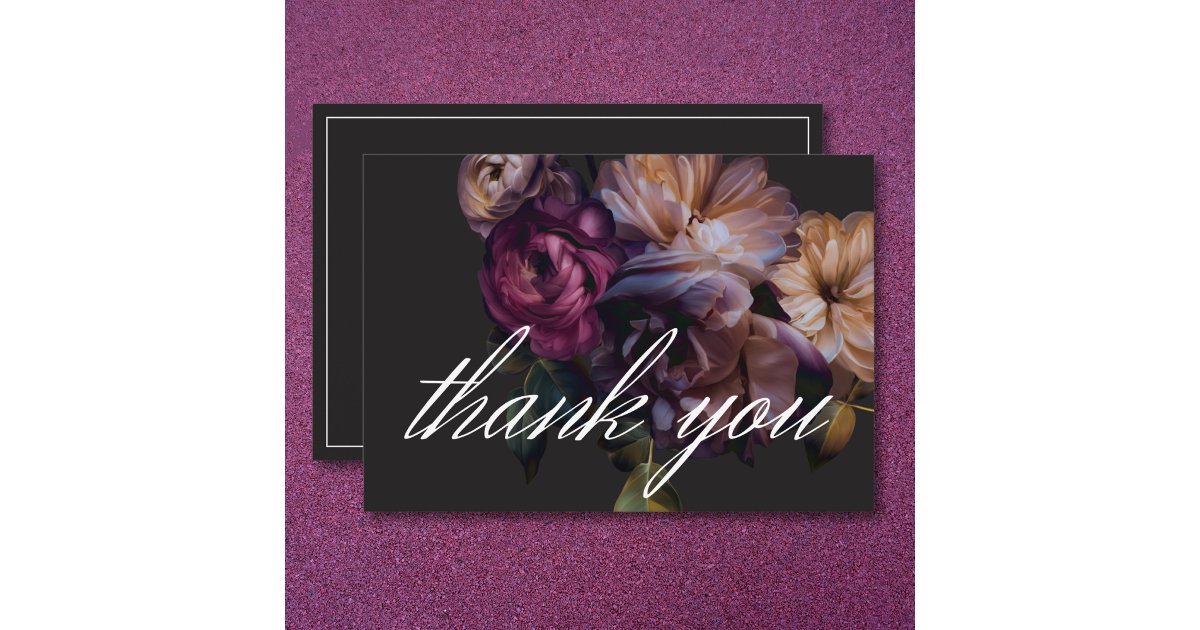 Elegant Black Moody Floral Wedding Thank You Card | Zazzle