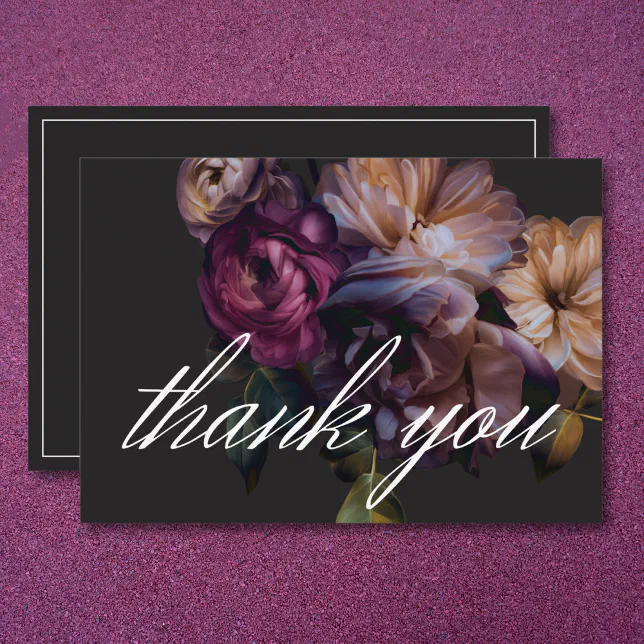 Elegant Black Moody Floral Wedding Thank You Card | Zazzle