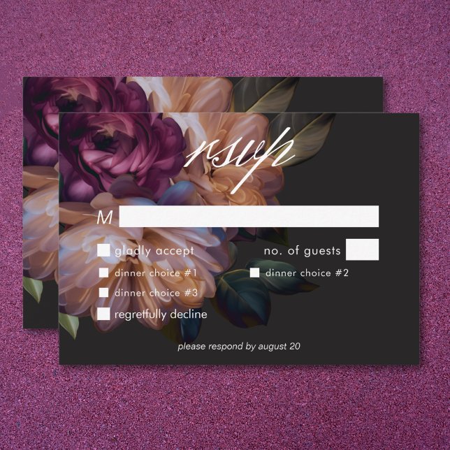 Elegant Black Moody Floral Wedding Three Dinner RSVP Card (Elegant Black Moody Floral Wedding Three Dinner RSVP Card)