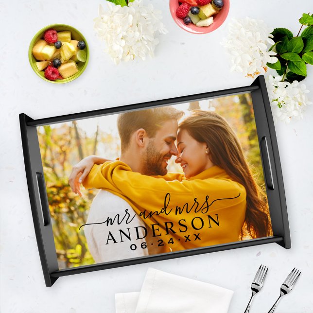 Elegant Black Mr and Mrs Monogram Photo Wedding Serving Tray (Creator Uploaded)