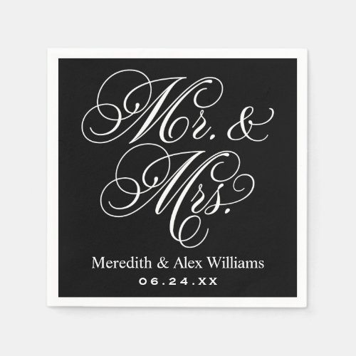 Elegant Black Mr and Mrs Script Custom Monogram Napkins