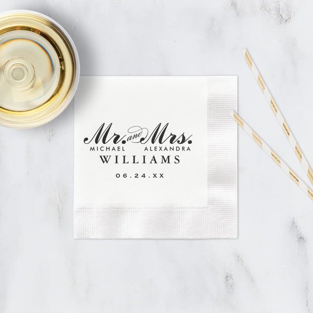 Elegant Black Mr and Mrs Script Wedding Paper Napkins (Creator Uploaded)