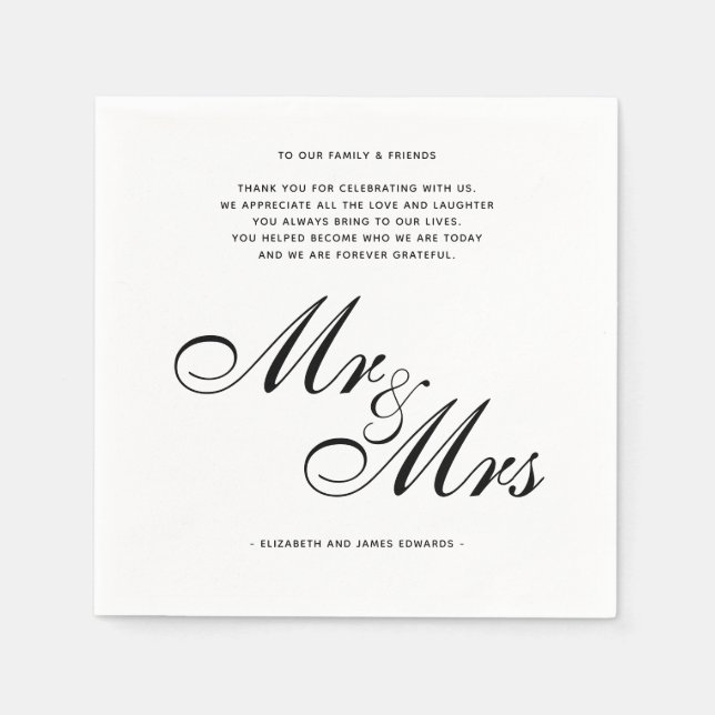 Elegant Black Mr and Mrs Wedding Thank You Message Napkins (Front)