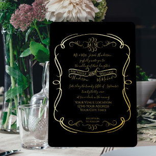 Elegant Black n Gold Foil Vintage Scrolls Wedding Foil Invitation