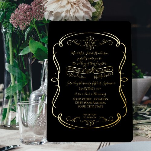 Elegant Black n Gold Foil Vintage Scrolls Wedding Foil Invitation