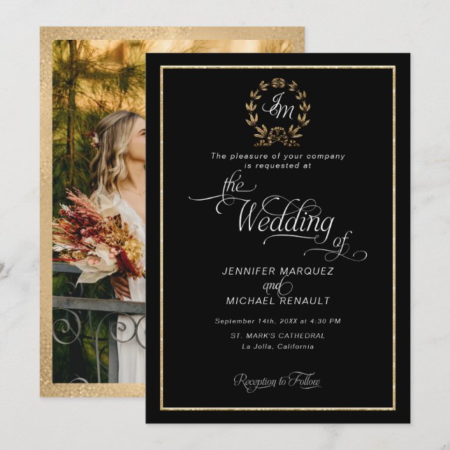 Elegant Black n Gold Wreath Monogram Photo Wedding Invitation (Front/Back)