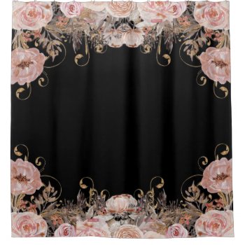 Elegant Black N Pink Watercolor Floral Rose Gold Shower Curtain by VintageWeddings at Zazzle