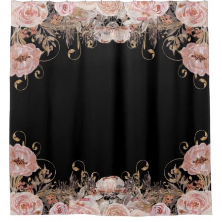 Elegant Black N Pink Watercolor Floral Rose Gold Shower Curtain