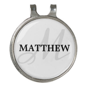 Elegant Black Name and Light Grey Initial White Golf Hat Clip