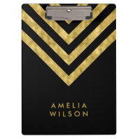 Elegant Black Name Faux Gold Chevron Clipboard