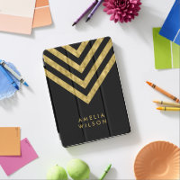 Elegant Black Name Faux Gold Chevron Pattern iPad Pro Cover