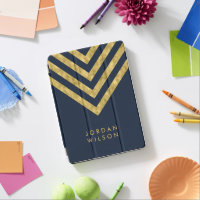 Elegant Black Name Faux Gold Chevron Pattern iPad Pro Cover