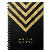 Elegant Black Name Faux Gold Chevron Pattern Notebook