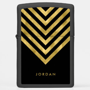 Elegant Black Name Faux Gold Geometric Chevron Zippo Lighter