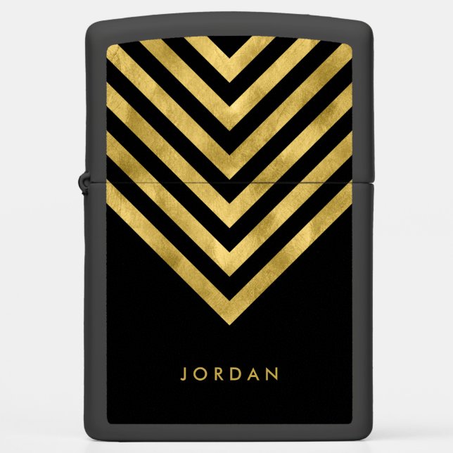 Elegant Black Name Faux Gold Geometric Chevron Zippo Lighter (Front)