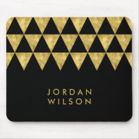 Elegant Black Name Faux Gold Triangle Pattern Mouse Pad