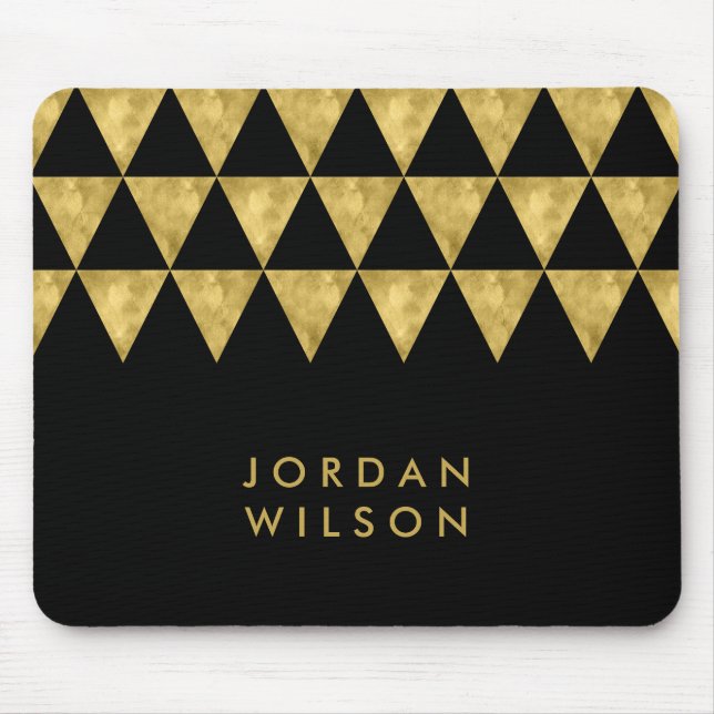 Elegant Black Name Faux Gold Triangle Pattern Mouse Pad (Front)
