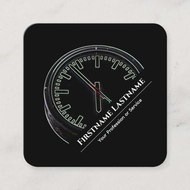 Elegant black neon style clock time management square business card (Front)