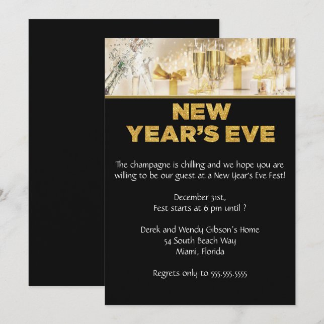 Elegant Black New Years Eve Party Invitation (Front/Back)