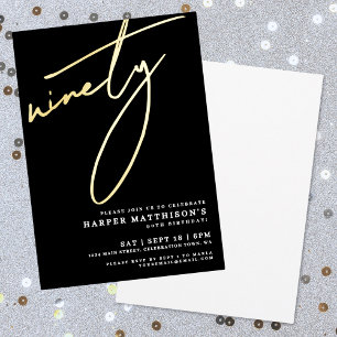 Elegant Black Ninety 90th Birthday Gold Foil Invitation