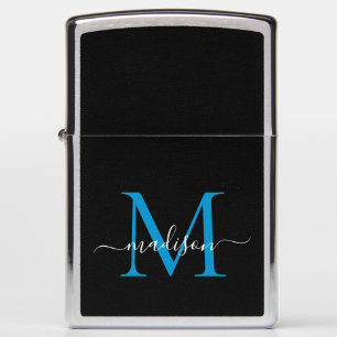 Elegant Black Ocean Blue Monogram Feminine Script Zippo Lighter