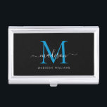 Elegant Black Ocean Blue Monogram Script Name Business Card Case<br><div class="desc">Elegant Black Bright Ocean Blue Monogram Girly Script Name Business Card Case</div>
