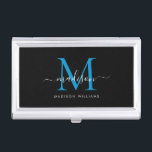 Elegant Black Ocean Blue Monogram Script Name Business Card Case<br><div class="desc">Elegant Black Bright Ocean Blue Monogram Girly Script Name Business Card Case</div>