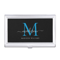 Elegant Black Ocean Blue Monogram Script Name Business Card Case