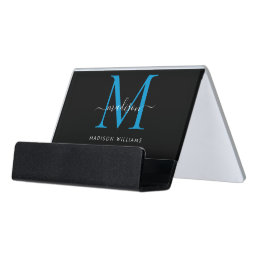 Elegant Black Ocean Blue Monogram Script Name Desk Business Card Holder