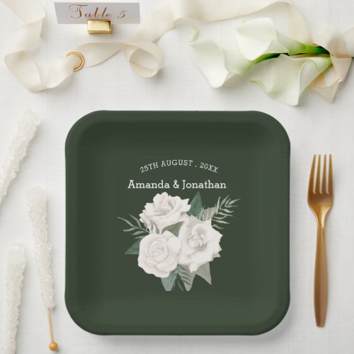 Elegant Black Olive Green and White Roses Wedding  Paper Plates