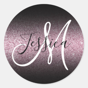 Elegant Black Ombre Faux Pink Glitter Monogram Classic Round Sticker
