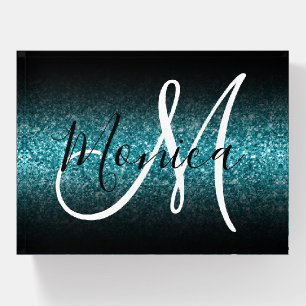 Elegant Black Ombre Faux Teal Glitter Monogram Paperweight
